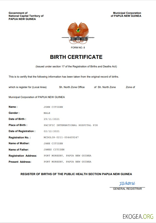 Acte d'état civil de Papouasie-Nouvelle-Guinée, modèle Word et PDF template